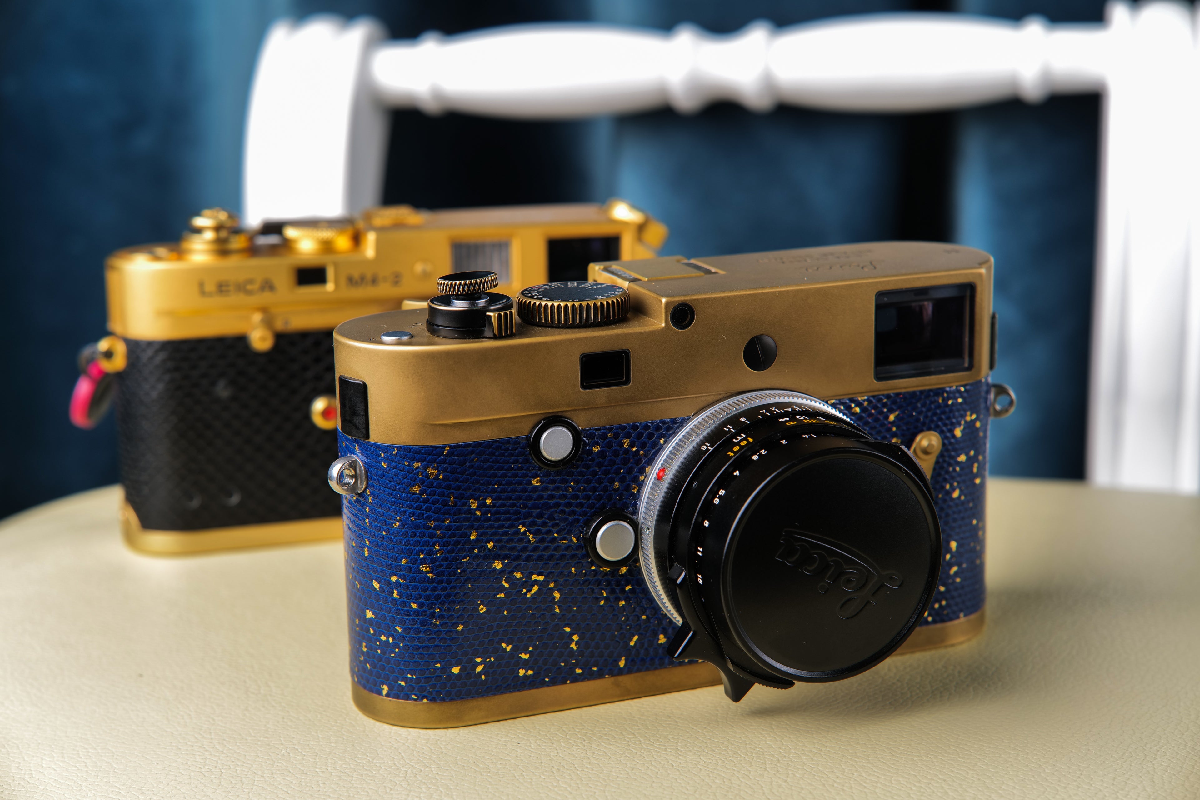Brass surface treatment，Leather art replacement with gold sprinkled lizard skin material/Blue