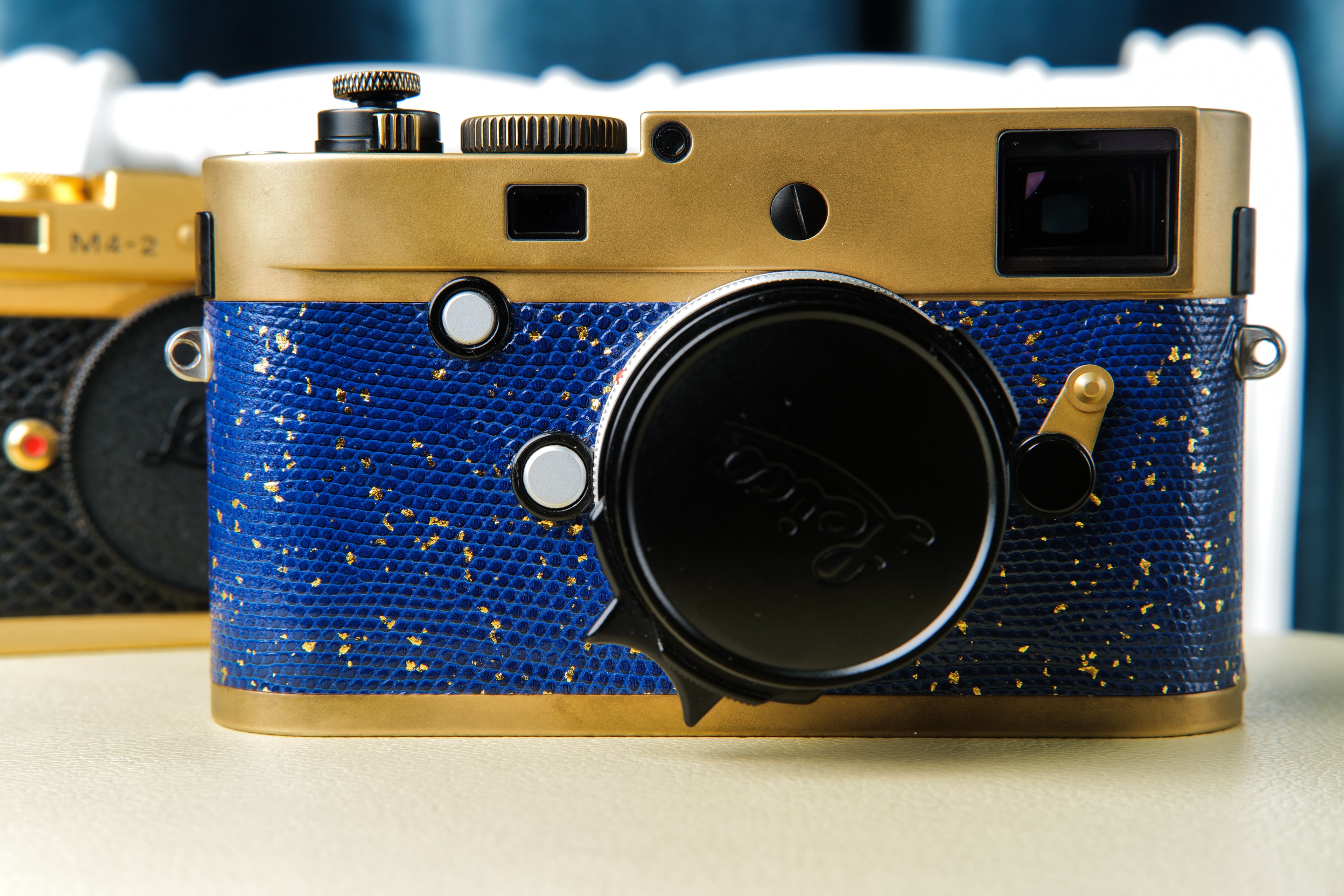 Brass surface treatment，Leather art replacement with gold sprinkled lizard skin material/Blue