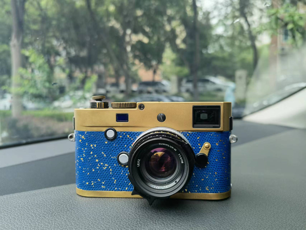 Brass surface treatment，Leather art replacement with gold sprinkled lizard skin material/Blue