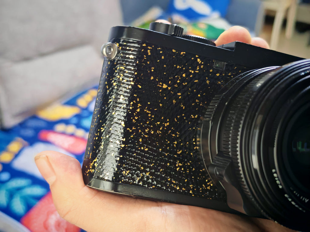 Q2 Leather art replacement with gold sprinkled lizard skin material/black