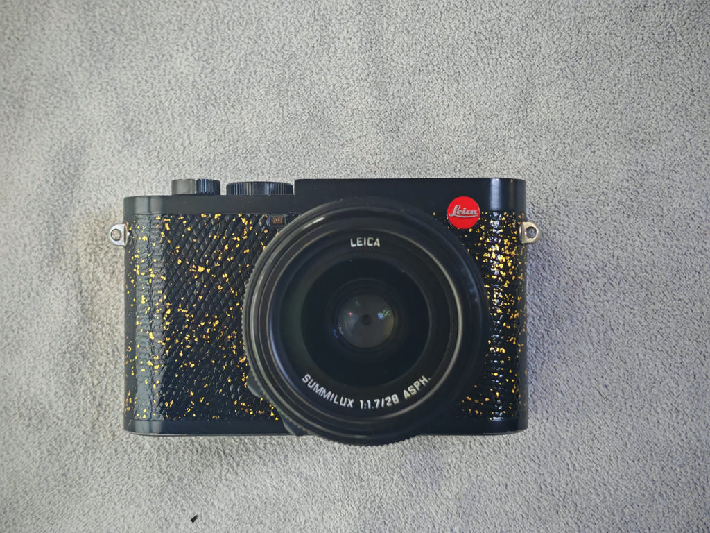 Q2 Leather art replacement with gold sprinkled lizard skin material/black
