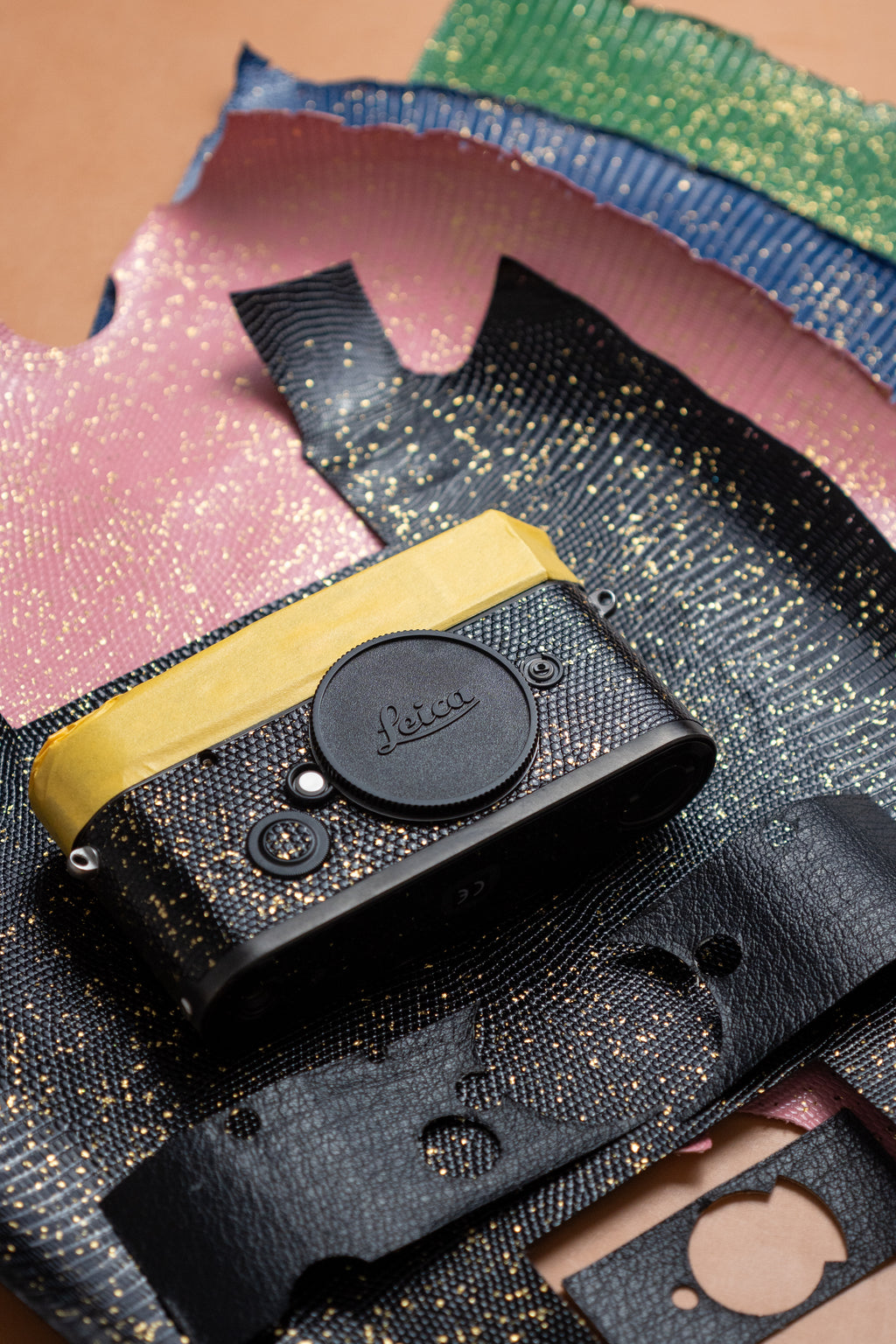 Leather art replacement with gold sprinkled lizard skin material/black
